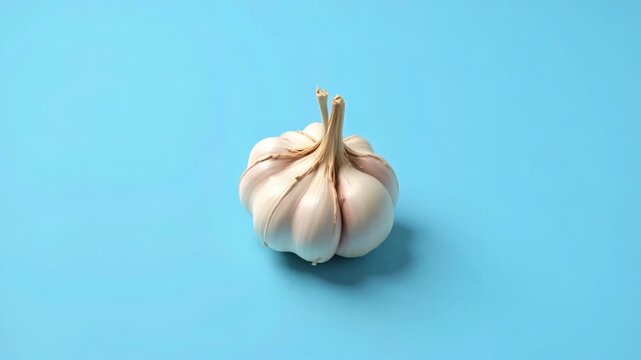 Watch fresh garlic rotate in slow motion against a vibrant sky blue backdrop, perfect for food blogs, culinary videos, and health-focused content