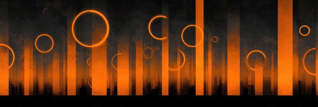 Glowing orange vertical lines and floating rings against a dark background, suggesting a mystical or futuristic forest
