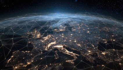 Night view of Earth, Europe illuminated, overlaid with a glowing network of interconnected lines representing global communication and connections