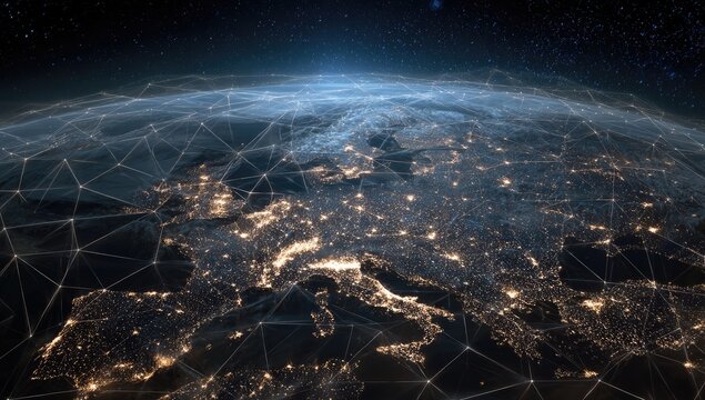 Night view of Earth, Europe illuminated, overlaid with a glowing network of interconnected lines representing global communication and connections