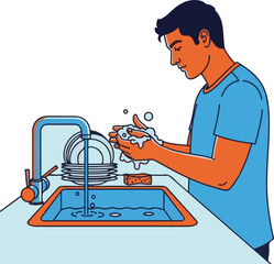 Illustration of a Man Washing Hands with Soap in a Kitchen Sink
