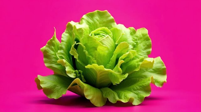 Vibrant magenta background highlights fast-rotating lettuce in stunning 4K video footage, perfect for fresh food advertising and healthy eating campaigns