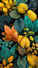 Vibrant autumnal leaves in teal, gold, and orange hues against a dark, speckled background; lush, tropical-inspired foliage