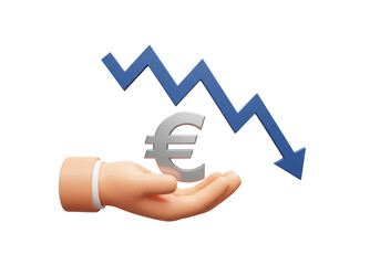 Isolated Euro coin on hand with downward arrow, concept of economic downturn, deflation
