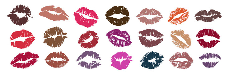 Set of colorful lipstick kiss prints in various shapes. Sexy female lips, makeup-inspired, vector illustrations isolated on transparent background, perfect for fashion and beauty designs
