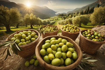 A bountiful harvest of green olives in wicker baskets on a stone path in a sun-drenched olive grove.