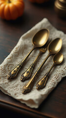 Miniature antique bronze cutlery on vintage lace napkin - concept of table setting or restaurant etiquette.