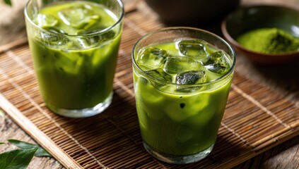 Two glasses of iced matcha tea on a bamboo mat