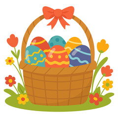 A basket filled with brightly colored Easter eggs. Decorative greenery and flowers.