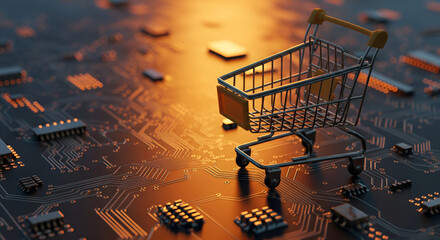 Online shopping concept with miniature cart on illuminated circuit board