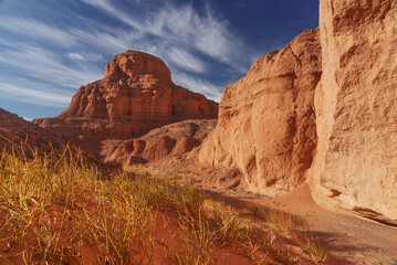 Explore the Majestic Desert Landscape adorned with Dramatic Rock Formations