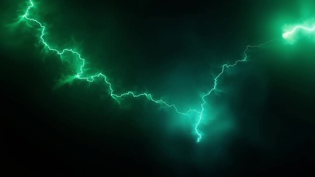 Electric green lightning forks across a dark emerald background with smoky textures and subtle luminescence, illuminating jagged veins and misty gradients concept of futuristic energy