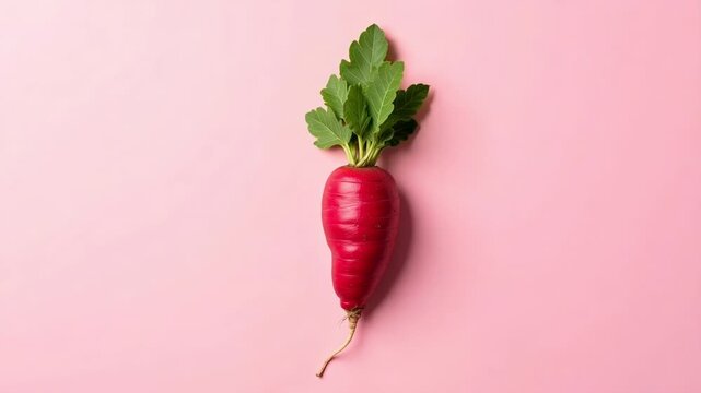 Dynamic 4K video footage of a vibrant radish zooming in on a pastel pink backdrop, perfect for food presentations and culinary visuals