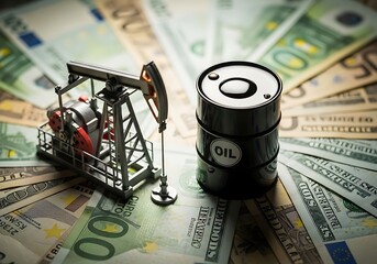 Oil pump jack and barrel on euro and dollar banknotes, crude oil price