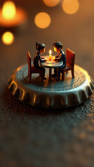 Miniature couple enjoying romantic moment at cap-table in golden light - illustration of romantic dinner.