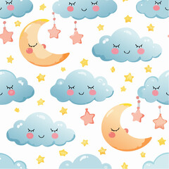 Adorable seamless pastel cloud and moon pattern with cute sleepy faces on soft baby-blue. Perfect dreamy nursery vector for wallpapers, baby textiles, and children’s sleep products.