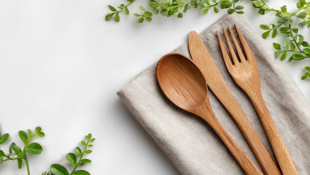 Flatlay of wooden cutlery set (spoon, knife, fork) on a beige linen napkin, surrounded by sprigs of green foliage on a white background