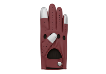 Isolated driving glove in red leather for sport car on light surface with silver details