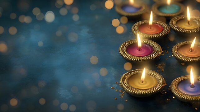 Happy Diwali festival background with diya oil lamps and fireworks. Diwali-themed abstract colorful background 