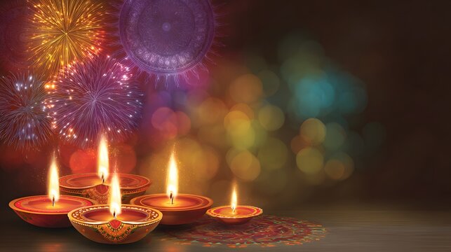 Happy Diwali festival background with diya oil lamps and fireworks. Diwali-themed abstract colorful background 