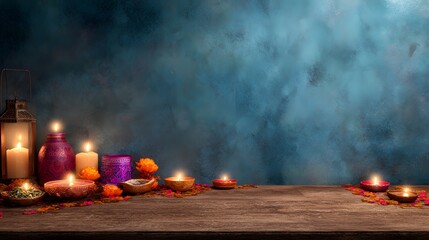 Happy Diwali festival background with diya oil lamps and fireworks. Diwali-themed abstract colorful background 