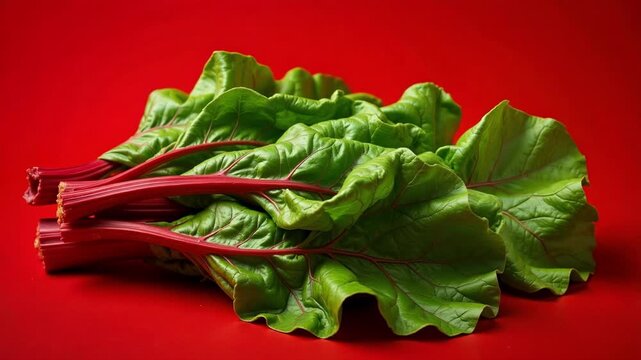 Vibrant swiss chard detail on vivid red background, a captivating close-up vegetable shot, perfect for food blogs and healthy recipe videos
