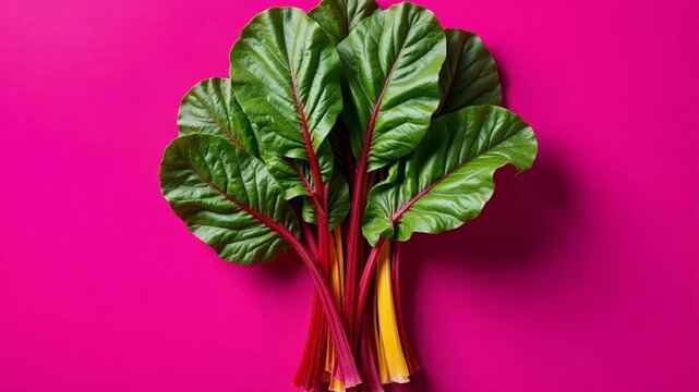 Vibrant swiss chard dancing in a pan, a culinary delight on a vivid magenta stage, a 4k video showcasing healthy cooking and delicious food preparation