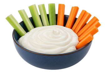 Isolated blue bowl with dip, celery sticks, and carrot sticks for snack or appetizer