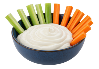 Isolated blue bowl with dip, celery sticks, and carrot sticks for snack or appetizer