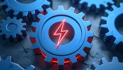 A blue gear with a glowing red outline and a central lightning bolt symbol, surrounded by other gears, representing power, energy, or mechanical solutions.