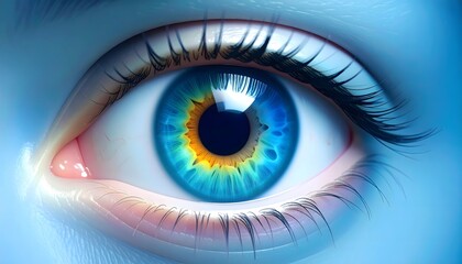 A vibrant and detailed close-up of a human eye with a colorful iris, featuring a blend of blue, yellow, and green, suggesting a futuristic or artistic theme.