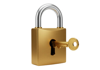 Isolated gold padlock with key inserted, lock safety and security, privacy concept, secure storage