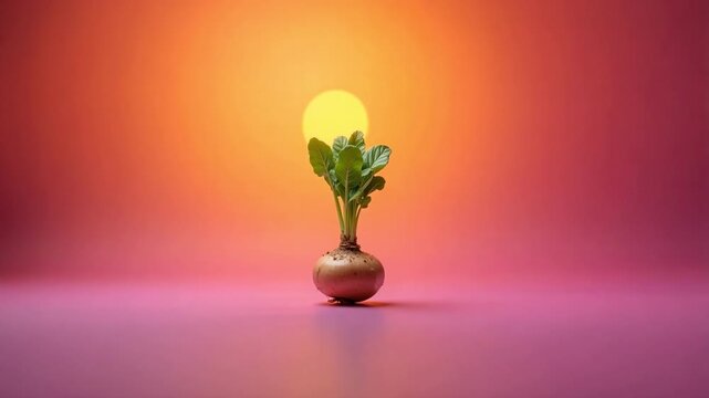 Dramatic sunset gradient background with a single turnip slowly zooming out creating a modern, simple, and elegant abstract 4k video footage