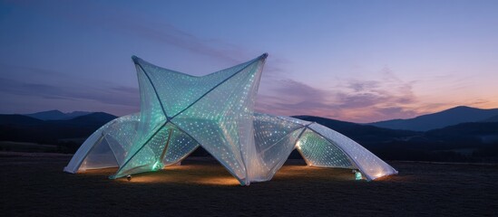 Illuminated translucent structure, star-shaped central peak, curved wings, rests on flat ground against a mountain range at twilight