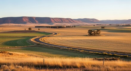 Landscape curves through farmland at sunset in rural Australia