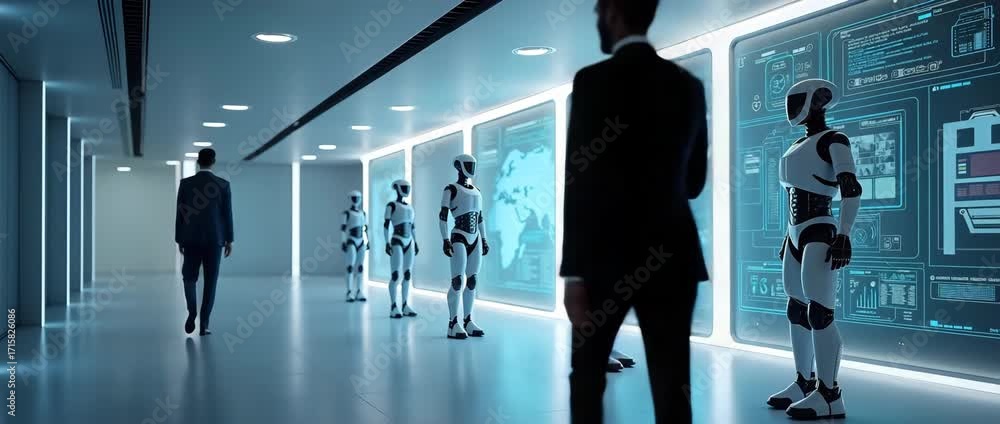 Poster futuristic wallpaper design: autonomous security robots in expansive space with digital renderings o