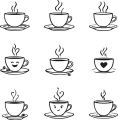 Set of 9 black and white coffee cup illustrations with steam, facial expressions, and heart accents in playful cartoon style