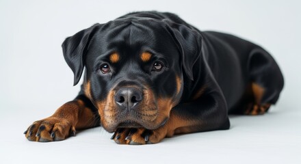Fototapeta premium Rottweiler rests calmly on white background