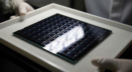 Gloved hands carefully holding a silicon wafer with intricate microchips in a cleanroom environment.