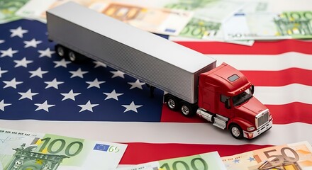 Truck on american flag with euro banknotes, international trade concept