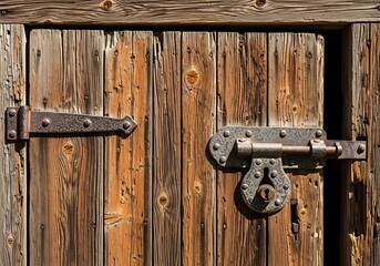 Weathered wooden door with aged metal hardware and rustic textures