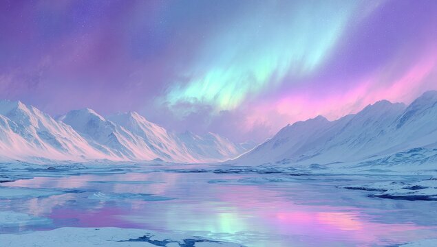 Pastel aurora borealis illuminates snow-covered mountains reflected in a still, icy lake at twilight