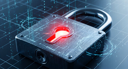Cybersecurity lock protecting digital data with futuristic interface