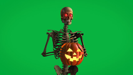 Spooky Skeleton Holding Glowing Pumpkin On Green Screen