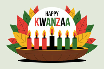Happy Kwanzaa poster, kinara centerpiece, colorful leaf backdrop, harvest basket, bold typography, festive holiday celebration vector