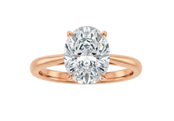 Isolated ring shows large oval cut diamond gem on rose gold solitaire band setting