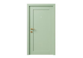 Isolated entrance door for home interior in pastel green color elegant wood finish design