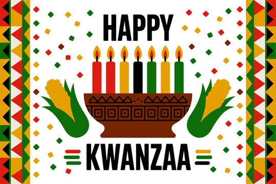 Happy Kwanzaa banner, kinara with candles, kente inspired borders, confetti background, green leaves, cultural festival greeting vector