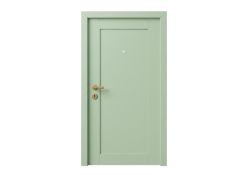 Isolated entrance door for home interior in pastel green color elegant wood finish design