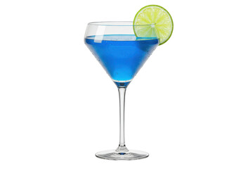Isolated blue cocktail in glass with lime slice, refreshing summer drink, party beverage